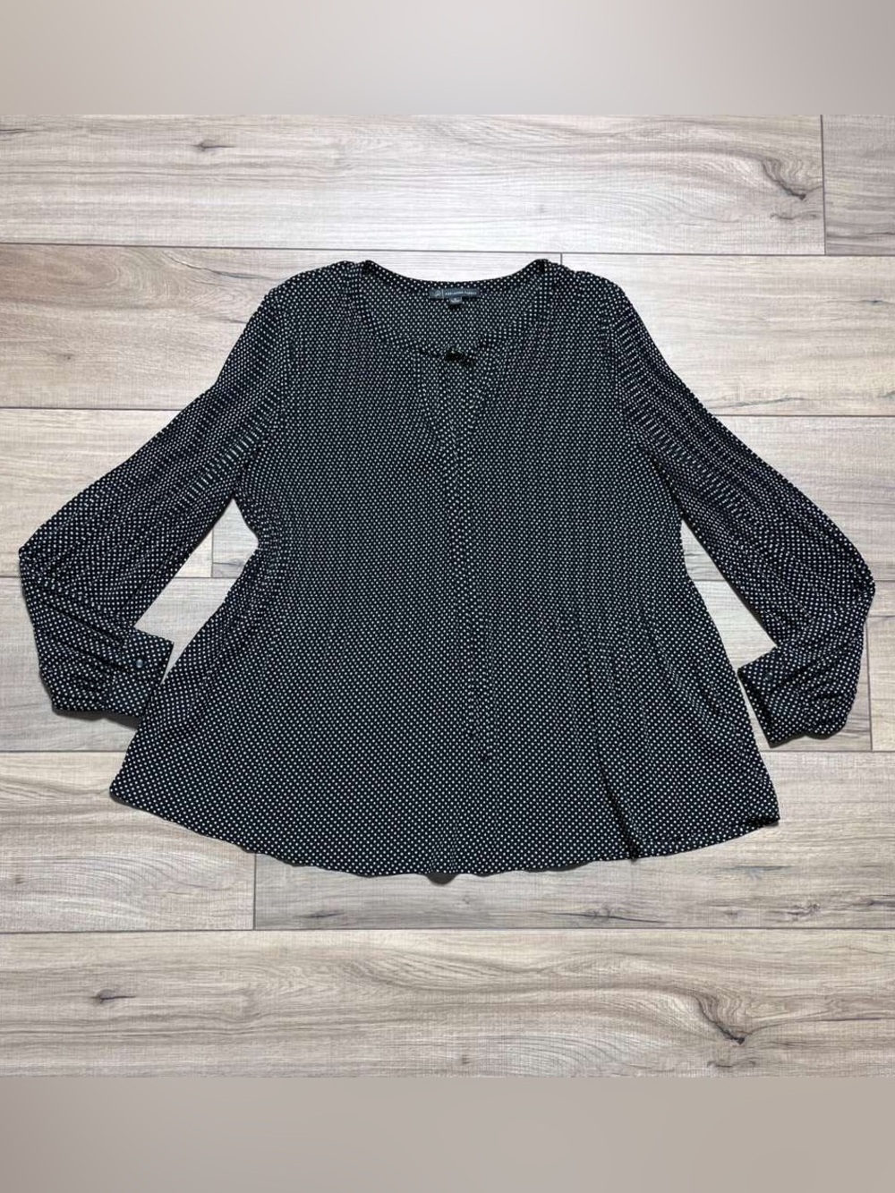 Adrianna Papell Womens Pleated Polka Dot Long Sleeves Blouse Small Black